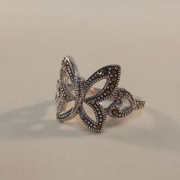 925 Silver Artisian Butterfly Heart Marcasite Ring Stamp 925 + NF Gorgeous Gift - Picture 6 of 8